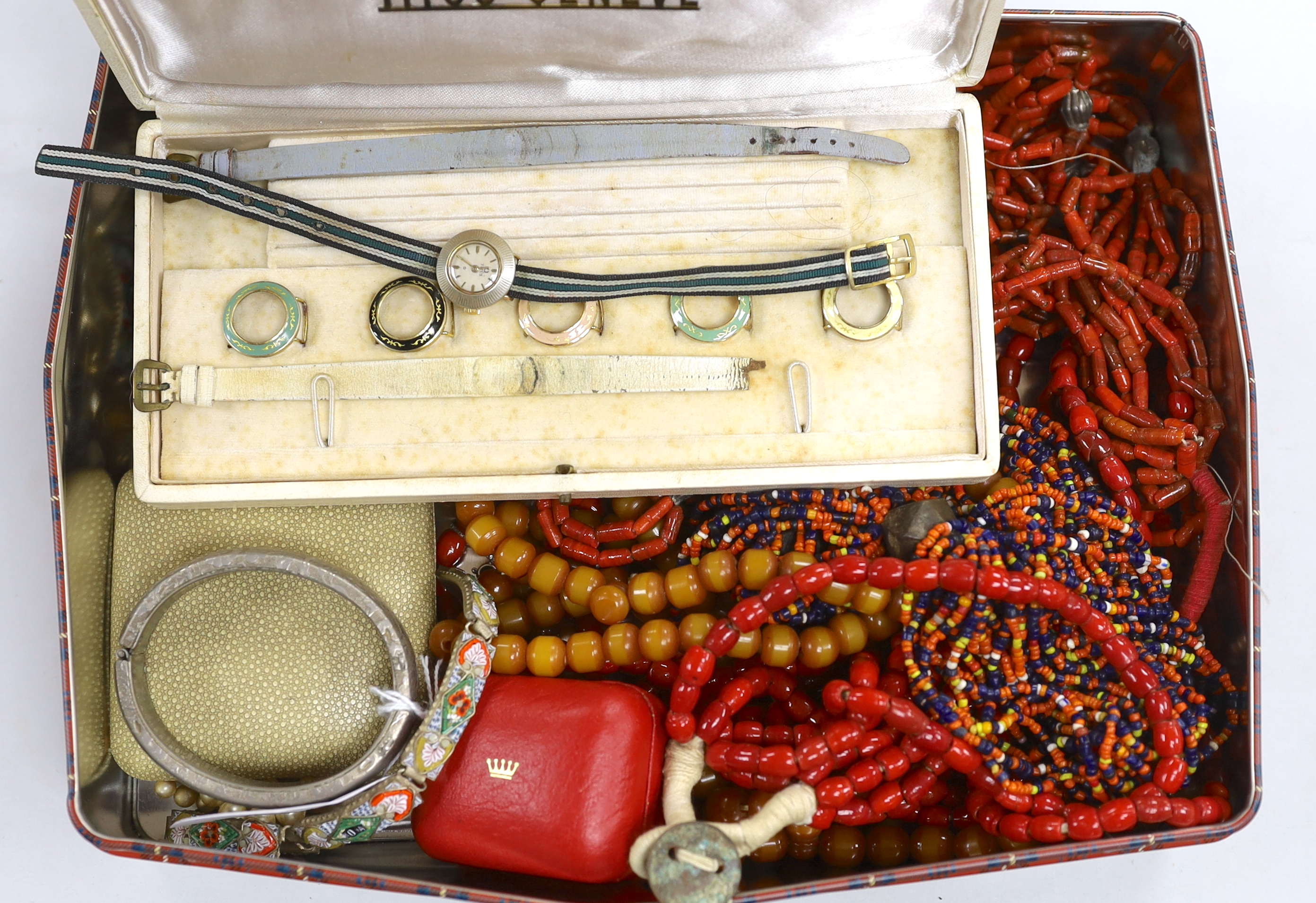A group of assorted costume jewellery, including an orange zircon? ring.